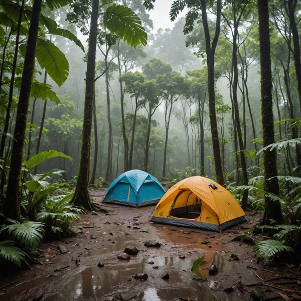 Quels sont les équipements nécessaires pour un camping en région de forêts tropicales en saison des pluies?